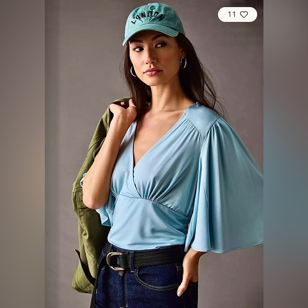 By Anthropologie Sky Blue V-Neck Wide Flowing Kimono Style Sleeves Blouse NWT